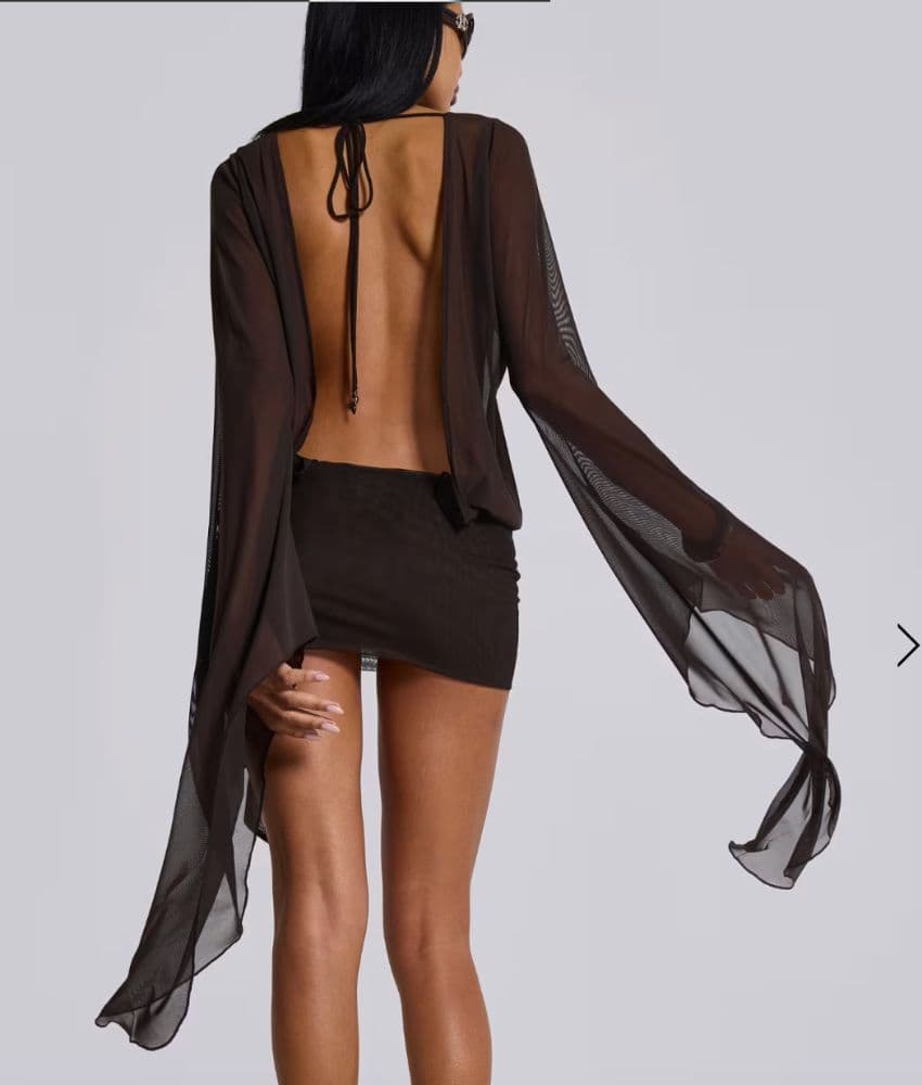 Aria Mesh Plunge Mini Dress in Brown Jaded London - Image 2