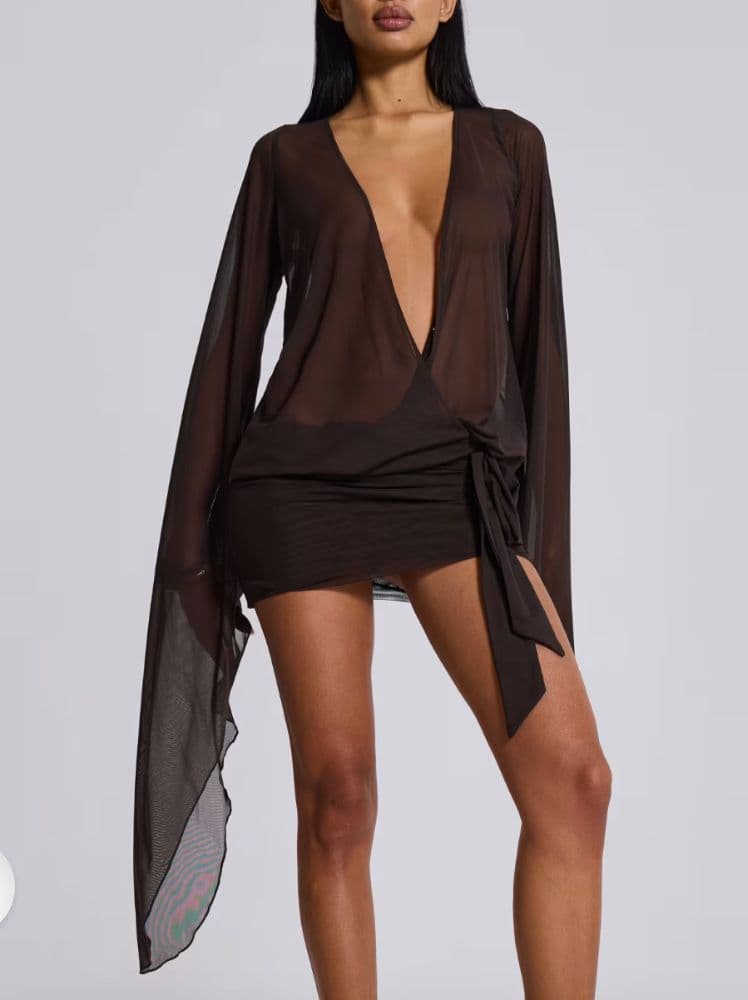 Aria Mesh Plunge Mini Dress in Brown Jaded London - Image 3