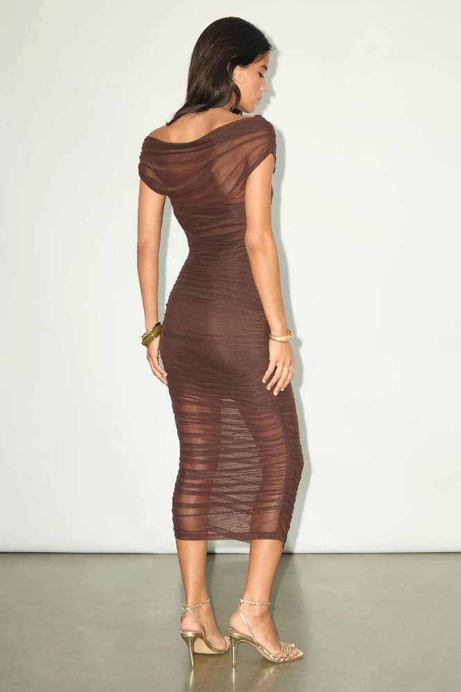 Lulus Sunama Brown Mesh Ruched Bodycon Midi Dress - Image 2