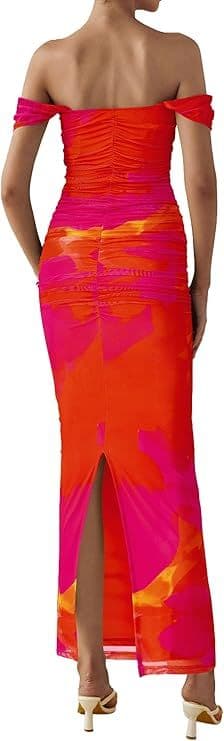 PRETTYGARDEN Cocktail Dress Summer Floral Off Shoulder Ruched Mesh Elegant Wedding Guest Maxi Dress - Image 3