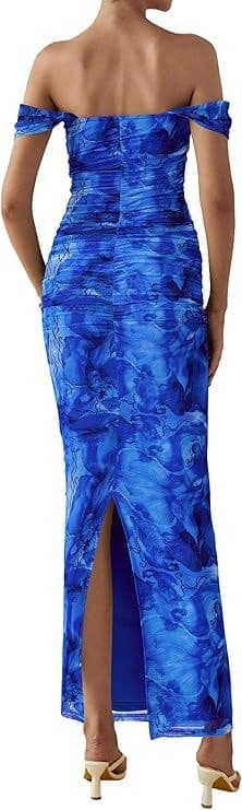 PRETTYGARDEN Cocktail Dress Summer Floral Off Shoulder Ruched Mesh Elegant Wedding Guest Maxi Dress - Image 3