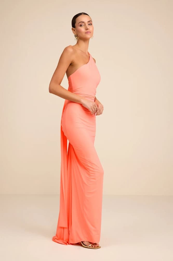 Lulus Cressida Peach Slinky Knit One-Shoulder Mermaid Maxi Dress - Image 4