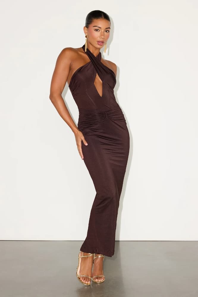 Lulus Tailynn Dark Brown Slinky Knit Cross-Front Maxi Dress - Image 2