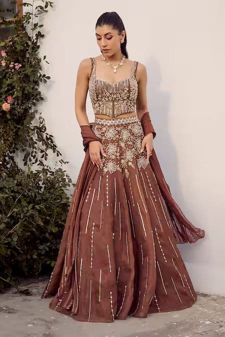 Parul Gandhi Brown Sequin Corset Lehenga Set - Image 1