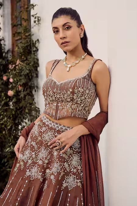 Parul Gandhi Brown Sequin Corset Lehenga Set - Image 3