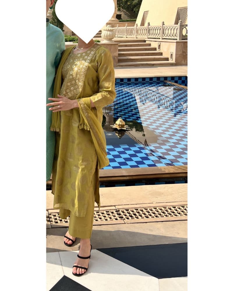 Olive Gold Banarasi Kurta Palazzo Set — Indian Wedding/Event Guest - Image 1
