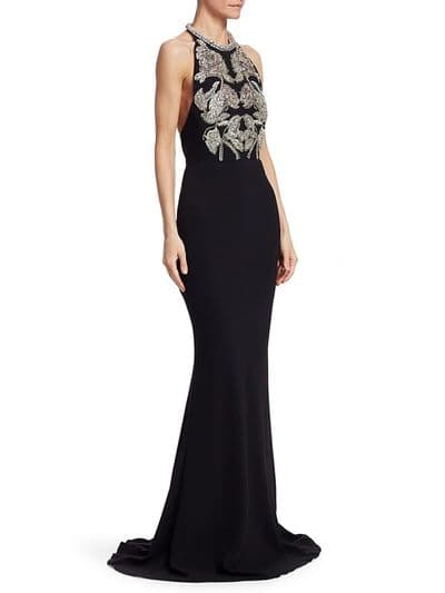 Alexander Mcqueen Rose Embellished Crystal Rope Halter Gown In Black - Image 1