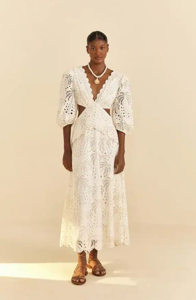 FARM RIO Cotton White Richelieu Cutwork Midi Dress - Image 1