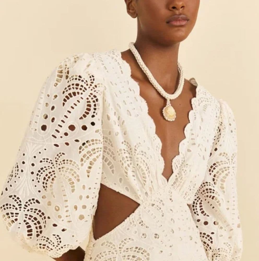 FARM RIO Cotton White Richelieu Cutwork Midi Dress - Image 3