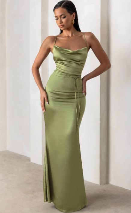 Club London Olive Green Satin Wedding Gown - Image 1
