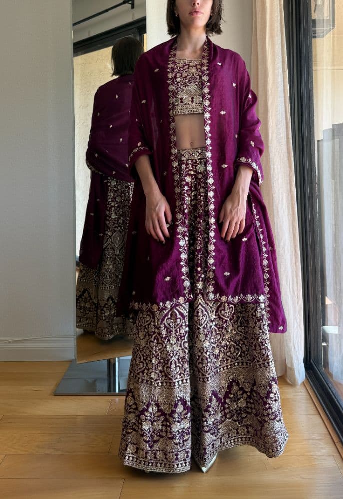 Loveleen Deep Plum Gold Embroidered Bridal Guest Lehenga Set – 3-Piece XS - Image 4