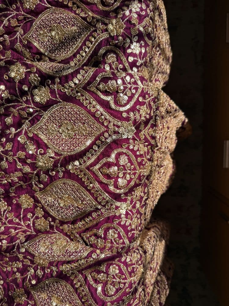 Loveleen Deep Plum Gold Embroidered Bridal Guest Lehenga Set – 3-Piece XS - Image 5