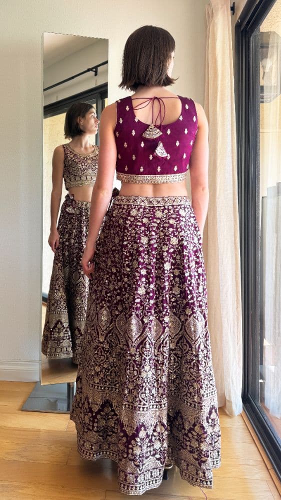 Loveleen Deep Plum Gold Embroidered Bridal Guest Lehenga Set – 3-Piece XS - Image 3