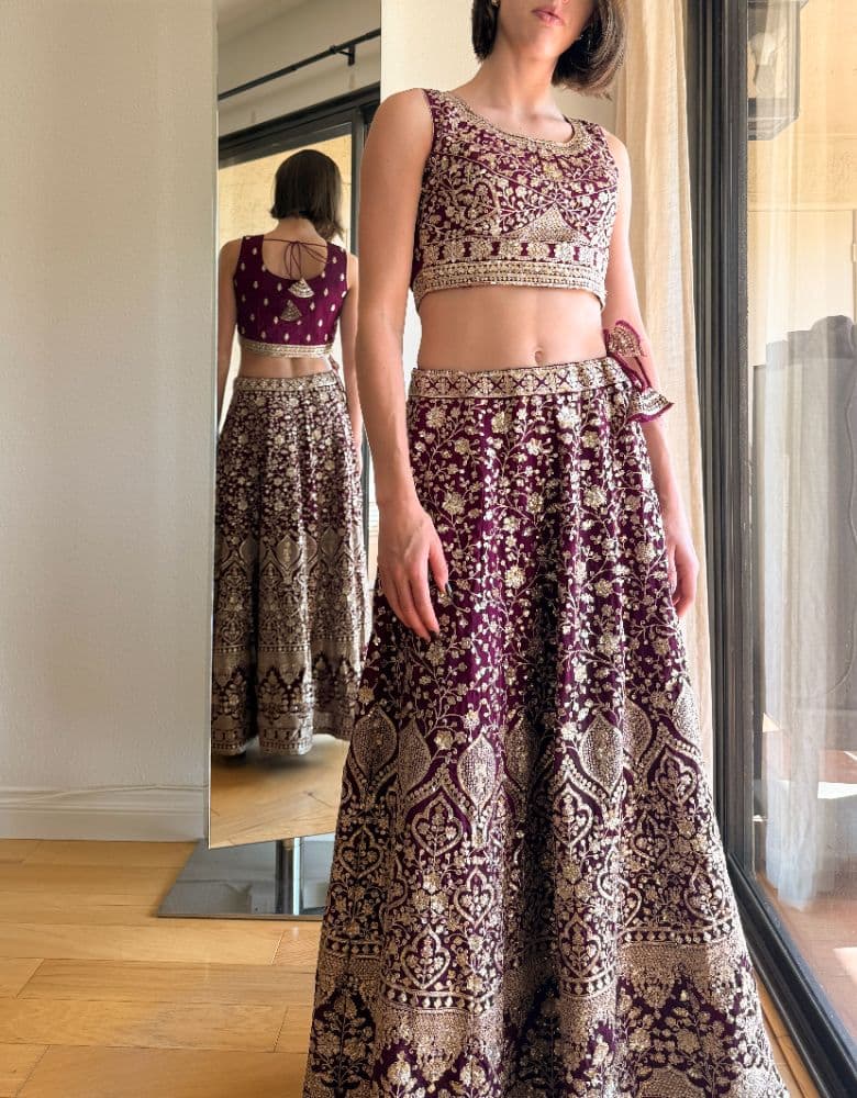 Loveleen Deep Plum Gold Embroidered Bridal Guest Lehenga Set – 3-Piece XS - Image 2
