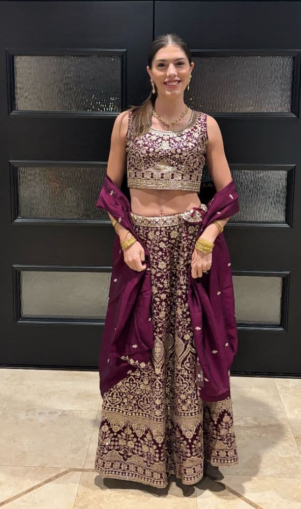 Loveleen Deep Plum Gold Embroidered Bridal Guest Lehenga Set – 3-Piece XS - Image 1