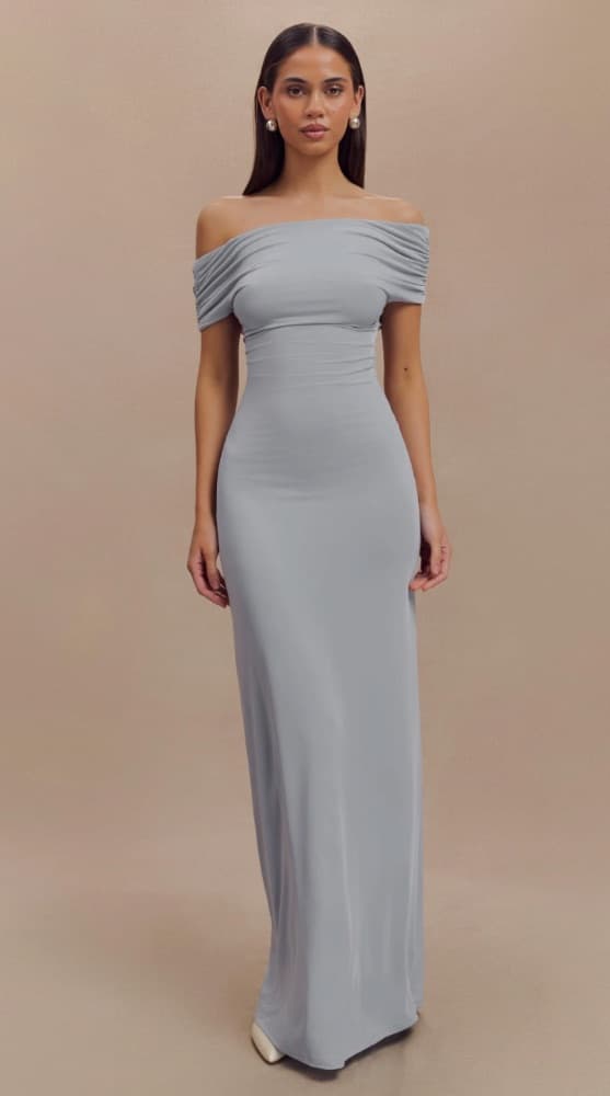 Meshki Imogen Off Shoulder Slinky Maxi Dress - Dusty Blue - Image 1