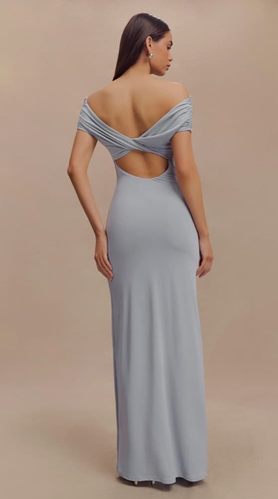 Meshki Imogen Off Shoulder Slinky Maxi Dress - Dusty Blue - Image 2