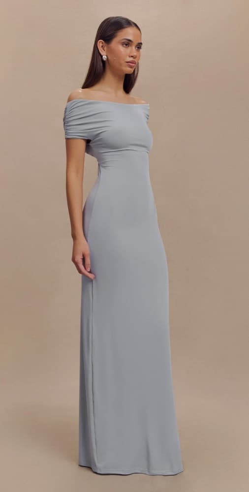 Meshki Imogen Off Shoulder Slinky Maxi Dress - Dusty Blue - Image 3