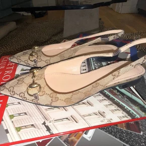 Gucci Beige Monogram Slingback Flats - Image 1