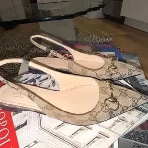 Gucci Beige Monogram Slingback Flats - Image 4