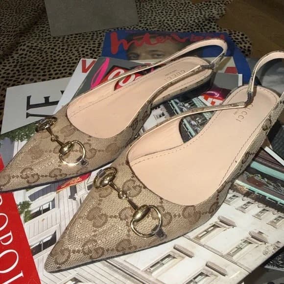 Gucci Beige Monogram Slingback Flats - Image 5