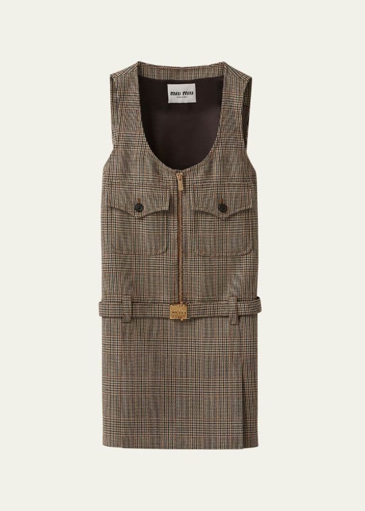 Miu Miu Sleeveless Plaid Mini Dress with Zipper Pocket - Image 1