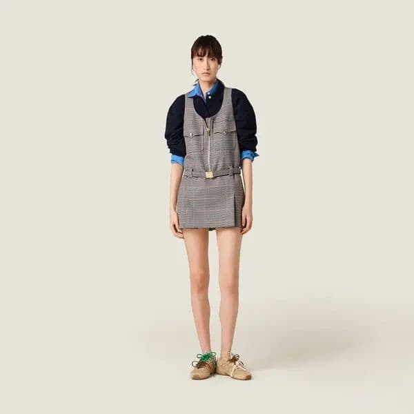 Miu Miu Sleeveless Plaid Mini Dress with Zipper Pocket - Image 2