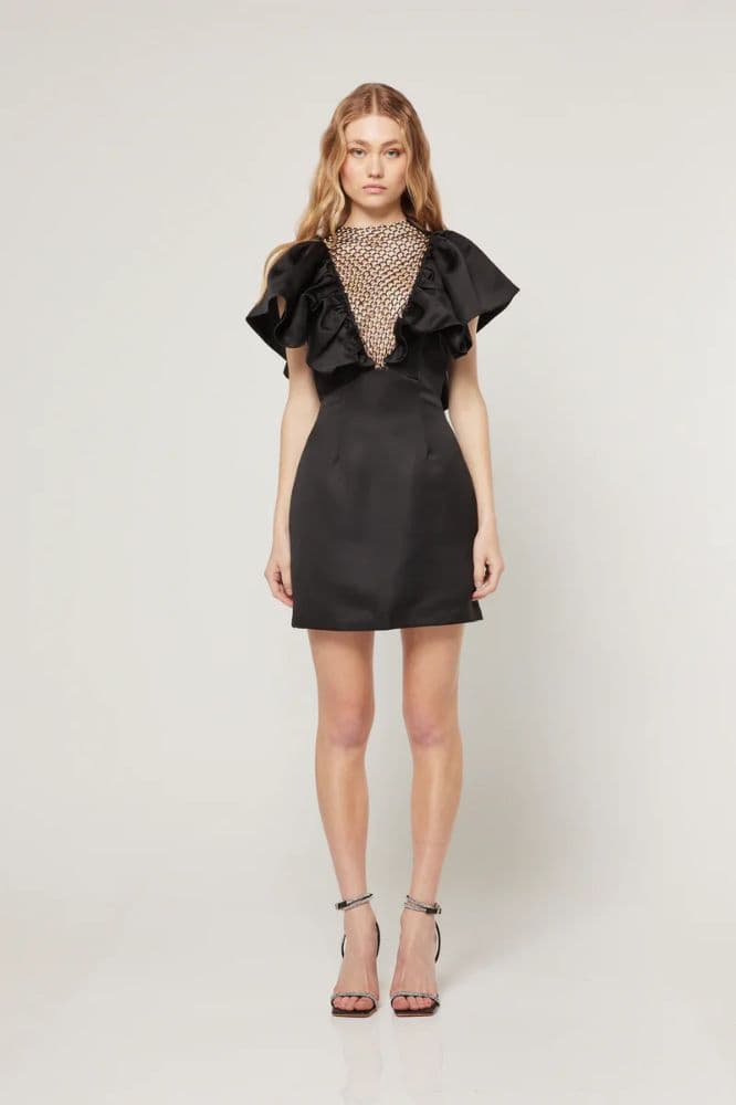 ELLIATT Freida Pearly Mesh Ruffle Silk Mini Dress Black - Image 1
