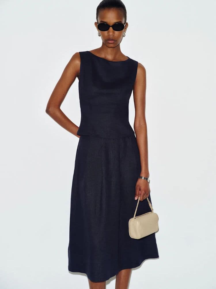 Reformation Navy Linen Two Piece Set w/ Top & Skirt - Image 4