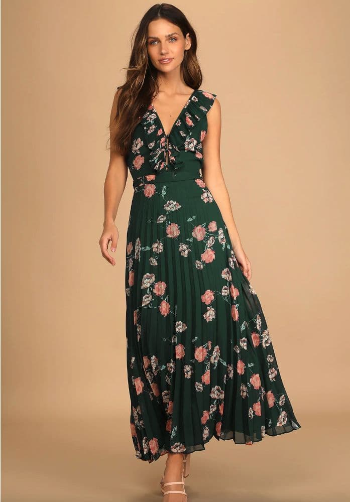 Lulu's Dark Green Floral Print Pleated Chiffon Maxi Dress - Image 1