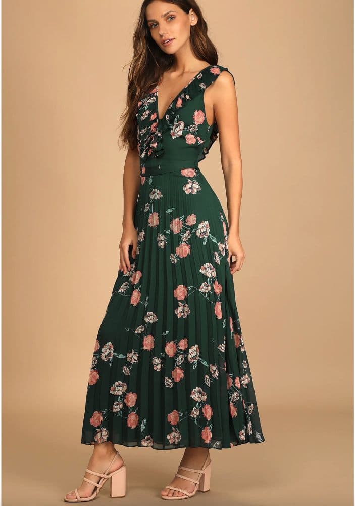 Lulu's Dark Green Floral Print Pleated Chiffon Maxi Dress - Image 2
