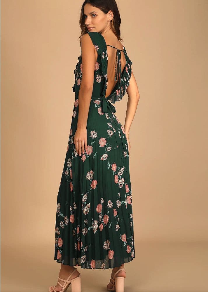 Lulu's Dark Green Floral Print Pleated Chiffon Maxi Dress - Image 3