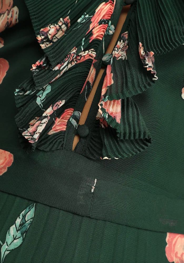 Lulu's Dark Green Floral Print Pleated Chiffon Maxi Dress - Image 4
