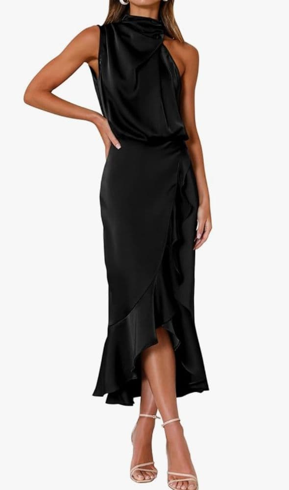 Black Satin Asymmetrical Mid Length Dress - Image 1