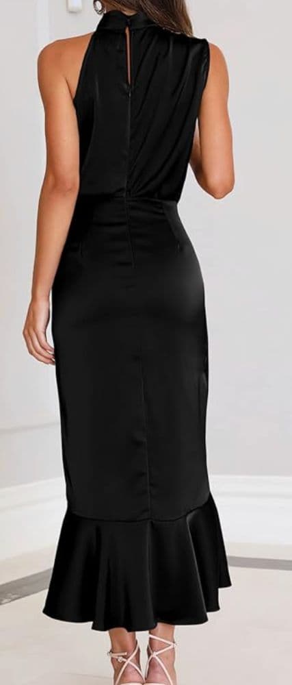 Black Satin Asymmetrical Mid Length Dress - Image 2