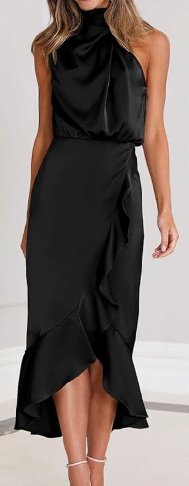 Black Satin Asymmetrical Mid Length Dress - Image 4