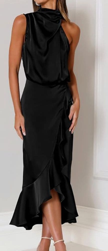 Black Satin Asymmetrical Mid Length Dress - Image 3