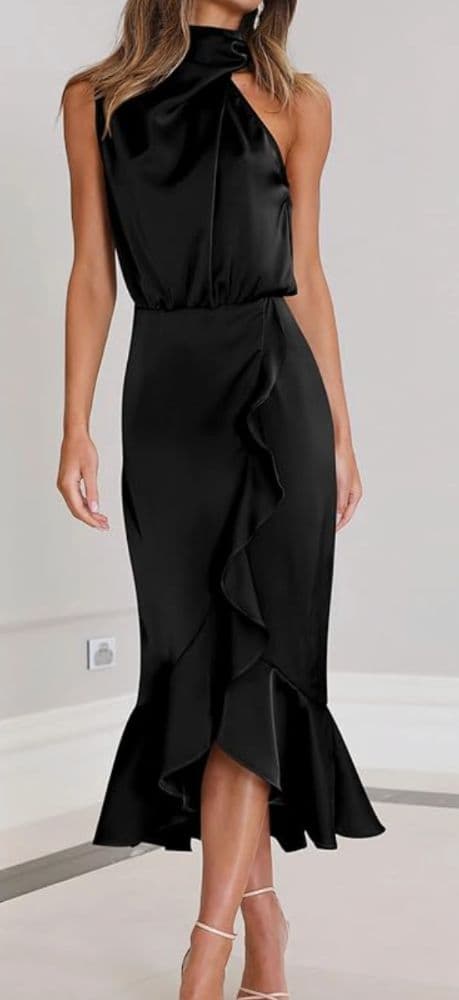 Black Satin Asymmetrical Mid Length Dress - Image 5