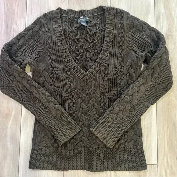 Banana Republic V-Neck Cable Knit Sweater - Dark Brown - M - Image 1