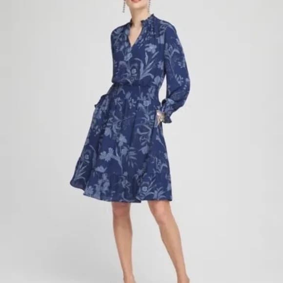 NWT Chico's Dark Harbor Floral Smocked Waist Ruffle Dress In Dark Harbor Size 12 - Image 1