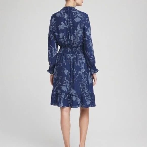 NWT Chico's Dark Harbor Floral Smocked Waist Ruffle Dress In Dark Harbor Size 12 - Image 2