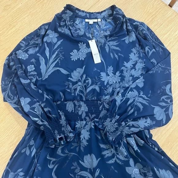 NWT Chico's Dark Harbor Floral Smocked Waist Ruffle Dress In Dark Harbor Size 12 - Image 4