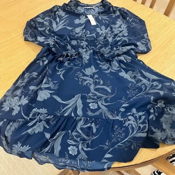 NWT Chico's Dark Harbor Floral Smocked Waist Ruffle Dress In Dark Harbor Size 12 - Image 5