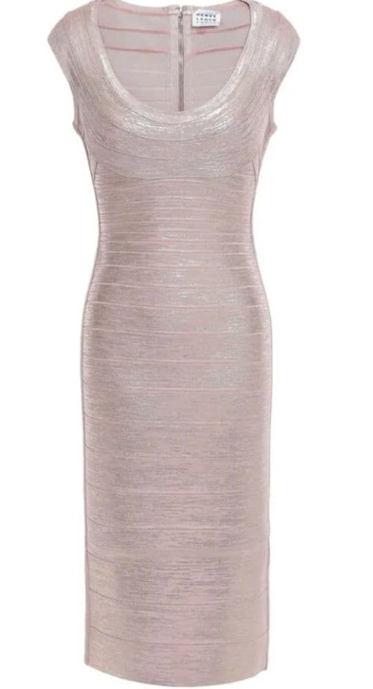 Herve Leger Coated Metallic Bandage Dress Rose Gold - Image 1