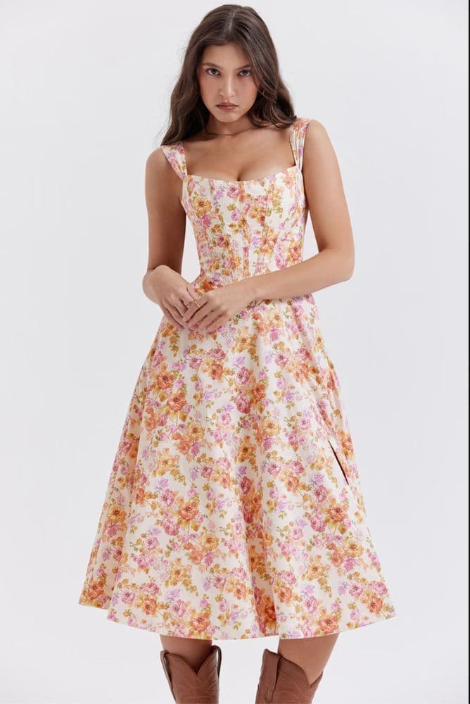 HOUSE OF CB Saira Floral Lace-Up Corset Cocktail Dress - Image 1