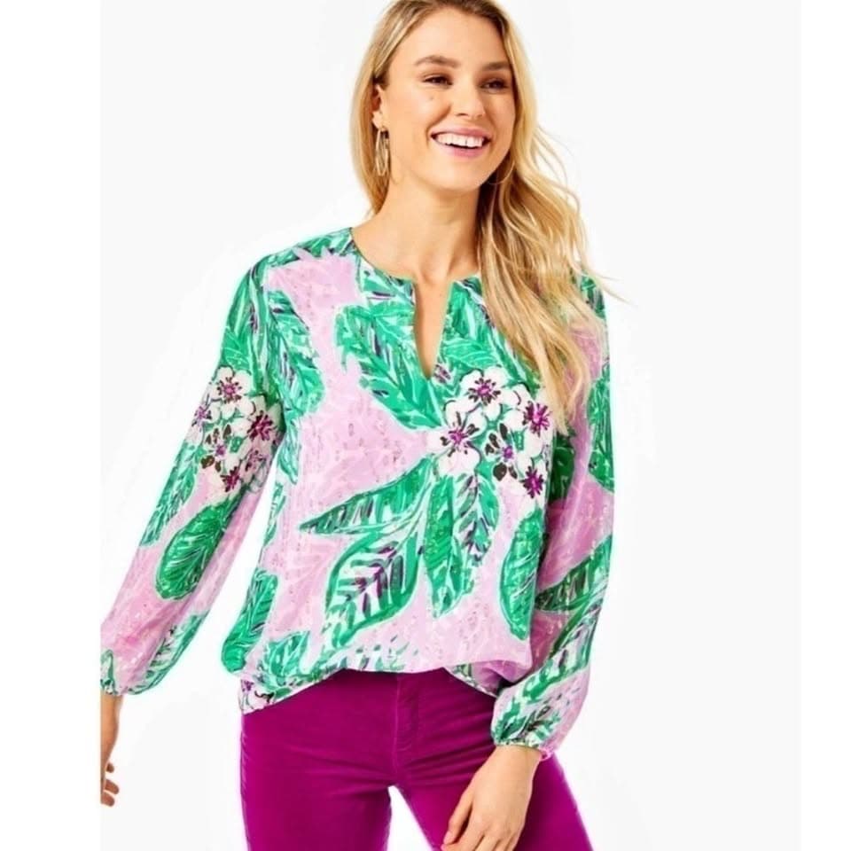 NWT Lilly Pulitzer Aaron Silk Top - Magnolia Lilac Leidees Night / L - Image 1