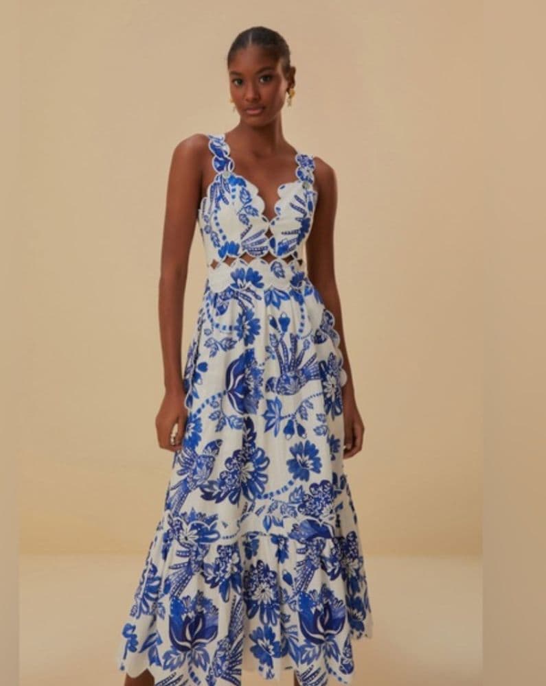 FarmRio Off-White Flowerful Birds Lenzing Midi Dress - Image 1