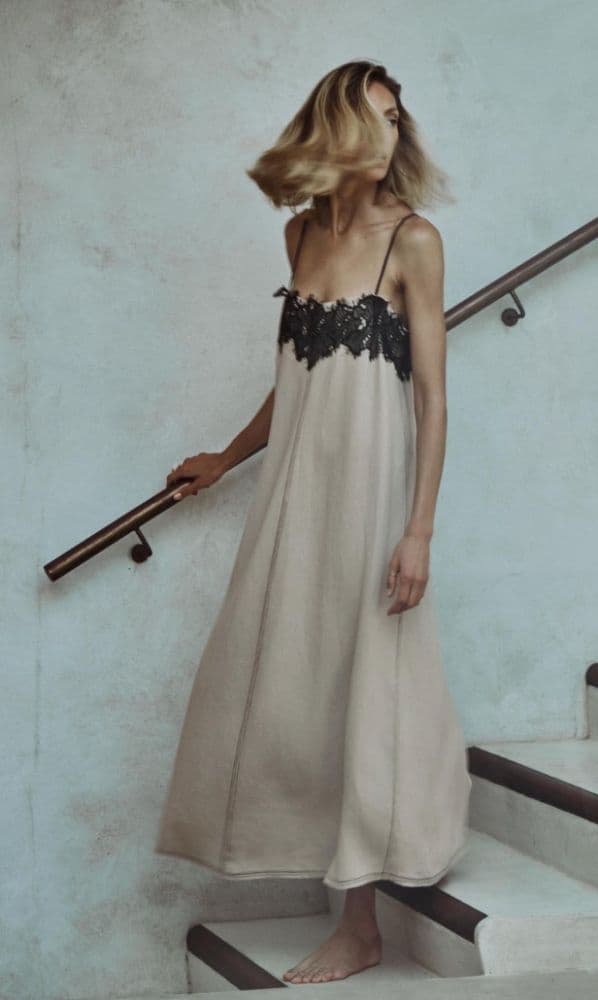 Zara Linen Blend Lace Dress With Lace Trim - Image 1