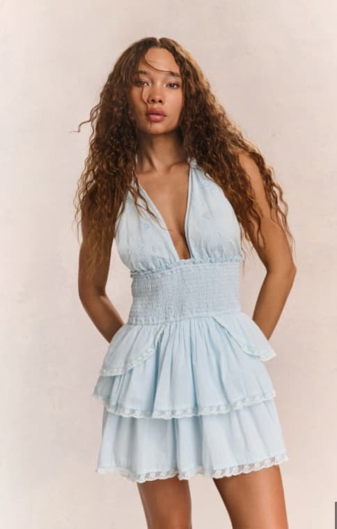 LoveShackFancy Deanna Heritage Halter Mini Dress - Blue - Image 1