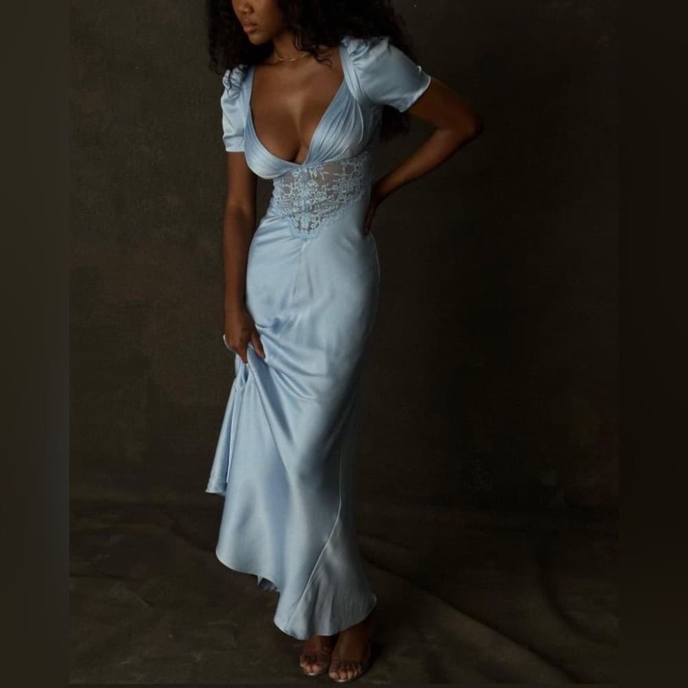 House of CB - RAFAELA Soft Blue Pure Silk & Lace Dress - Image 4